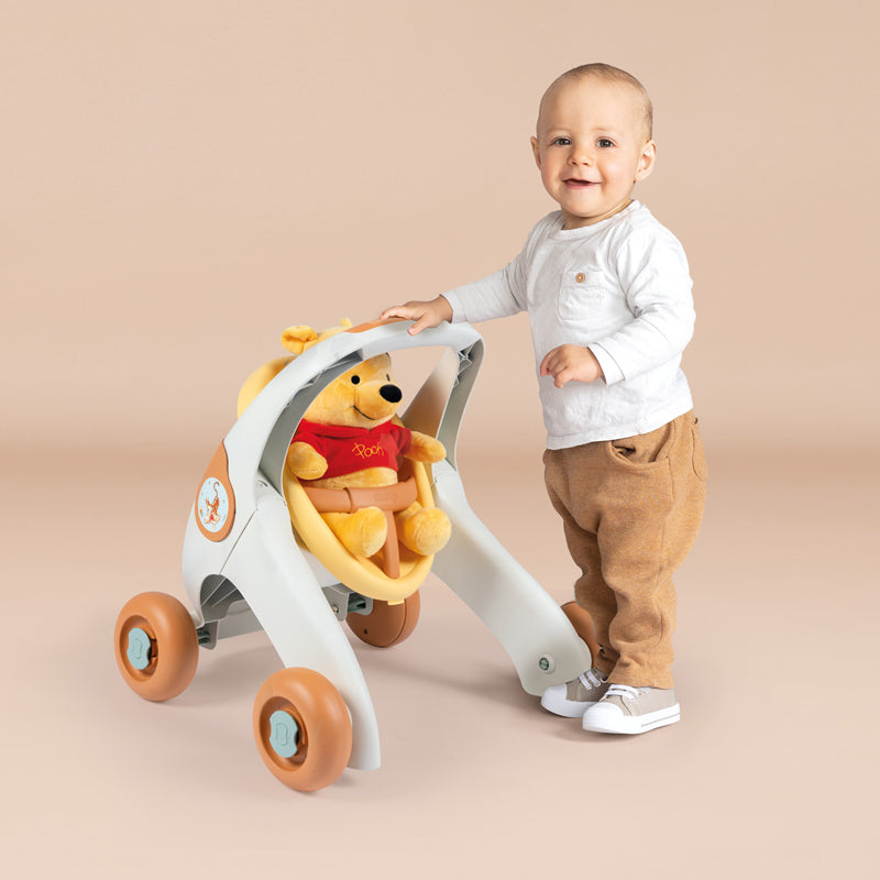Winnie The Pooh Andador 3 em 1 the Pooh com Pelúcia, Carrinho de Boneca e Assento Removível, Assento Giratório Ajustável, Sistema de Freio nas Rodas, Auxílio para Caminhada, 12+ Meses