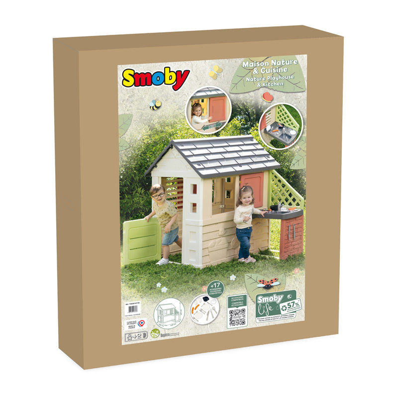 Smoby Life Nature Playhouse with Outdoor Kitchen, Grill, Accessories, 2 Windows & Shutters for Kids