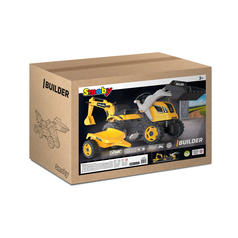 Builder Maxx Smoby  Pedal Tractor with Trailer, Excavator Arm & Loading Bucket, Yellow, Kids Ride-On Toy