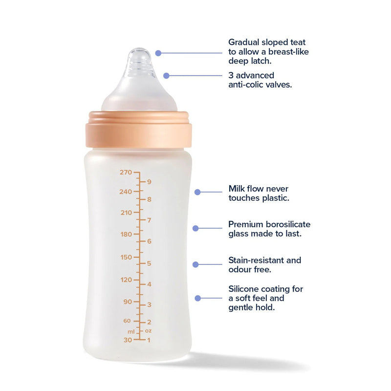 Nuby Mamadeiras de Vidro Revestidas de Silicone RapidBottle Bege 270ml (Kit com 2) | Livres de BPA e com Bicos de Fluxo Lento