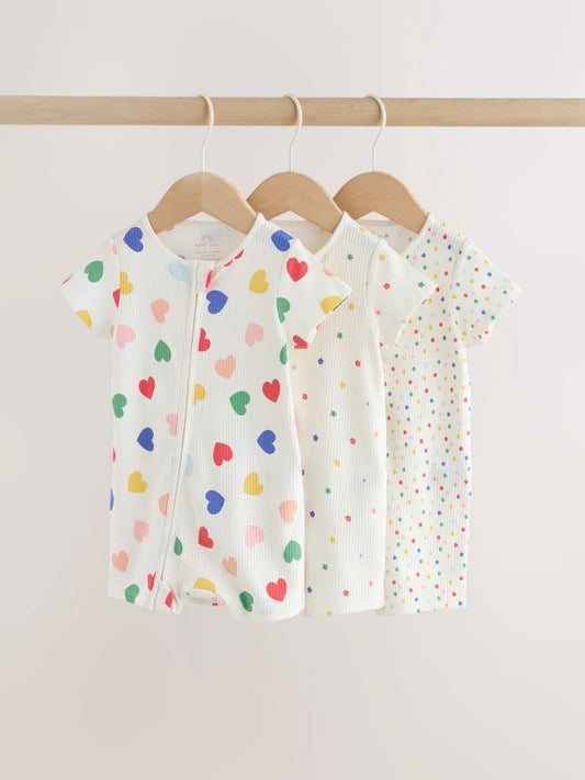|BabyGirl| Conjunto Com 3 Macacões Para Bebês Com Zíper Duplo Nas Cores Branco, Azul e vermelho (0 meses a 3 anos)