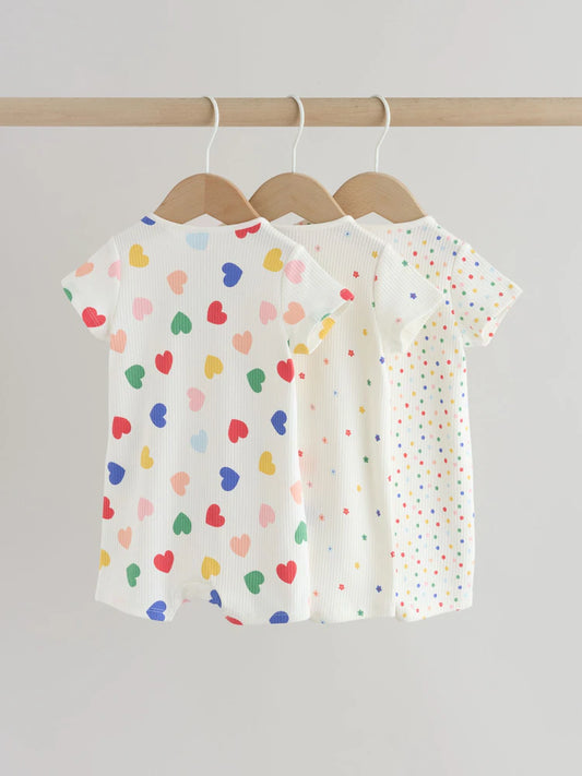 |BabyGirl| Conjunto Com 3 Macacões Para Bebês Com Zíper Duplo Nas Cores Branco, Azul e vermelho (0 meses a 3 anos)