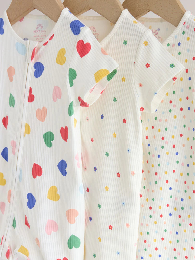 |BabyGirl| Conjunto Com 3 Macacões Para Bebês Com Zíper Duplo Nas Cores Branco, Azul e vermelho (0 meses a 3 anos)