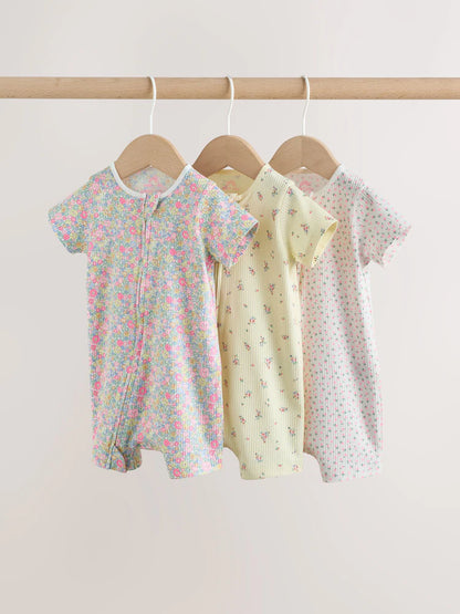 |BabyGirl| Conjunto Com 3 Macacões Para Bebê Rosa/Amarelo Com Zíper Duplo (0 meses a 3 anos)