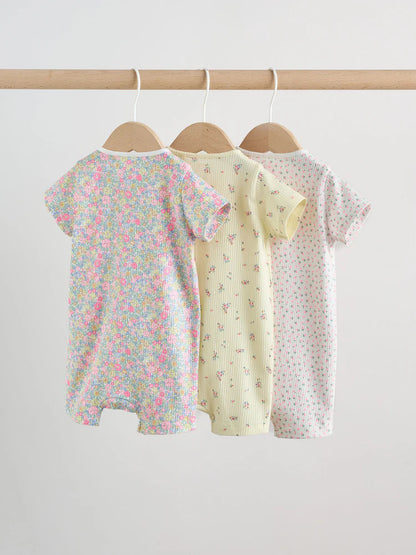 |BabyGirl| Conjunto Com 3 Macacões Para Bebê Rosa/Amarelo Com Zíper Duplo (0 meses a 3 anos)