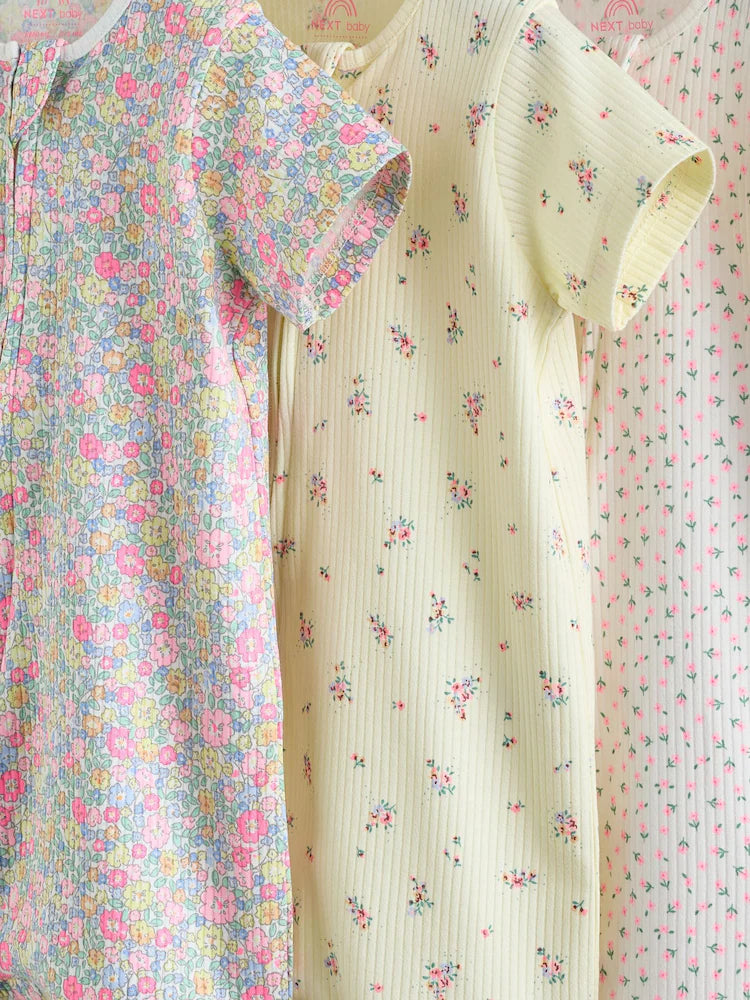 |BabyGirl| Conjunto Com 3 Macacões Para Bebê Rosa/Amarelo Com Zíper Duplo (0 meses a 3 anos)