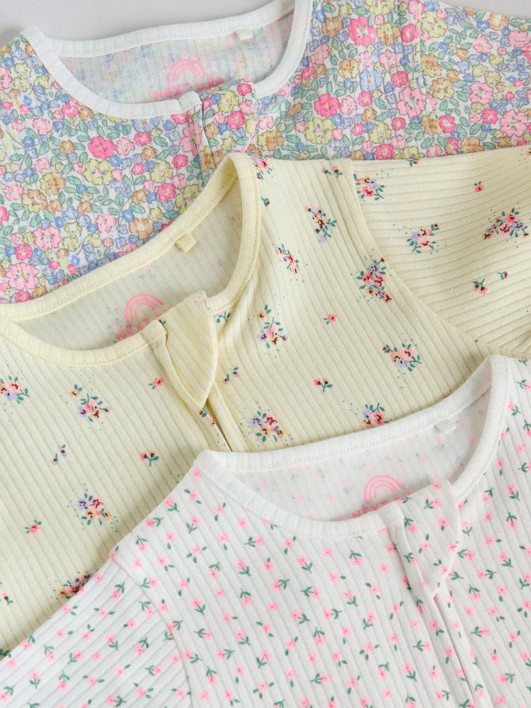 |BabyGirl| Conjunto Com 3 Macacões Para Bebê Rosa/Amarelo Com Zíper Duplo (0 meses a 3 anos)