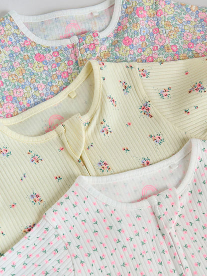 |BabyGirl| Conjunto Com 3 Macacões Para Bebê Rosa/Amarelo Com Zíper Duplo (0 meses a 3 anos)