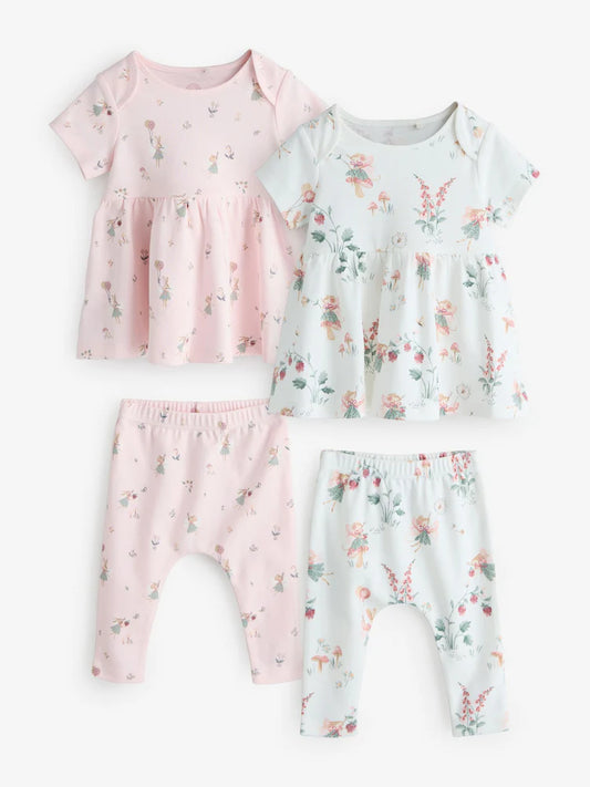 |BabyGirl| Conjunto De Vestido Curto e Legging Com Estampa De Fadas Em Tons De Branco e Rosa