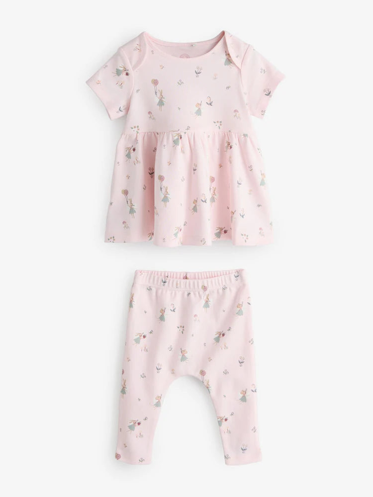 |BabyGirl| Conjunto De Vestido Curto e Legging Com Estampa De Fadas Em Tons De Branco e Rosa