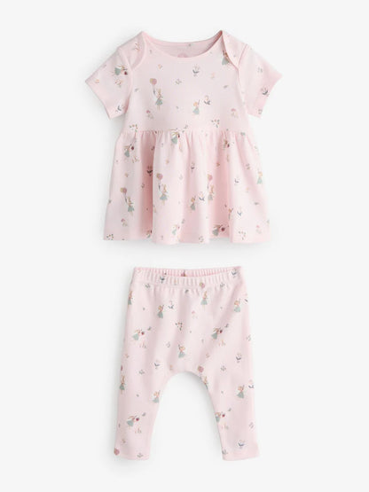 |BabyGirl| Conjunto De Vestido Curto e Legging Com Estampa De Fadas Em Tons De Branco e Rosa