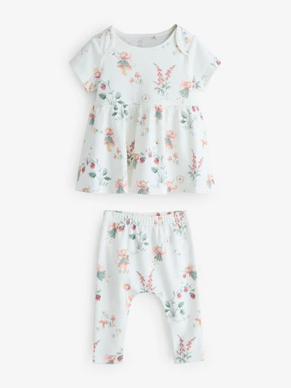 |BabyGirl| Conjunto De Vestido Curto e Legging Com Estampa De Fadas Em Tons De Branco e Rosa