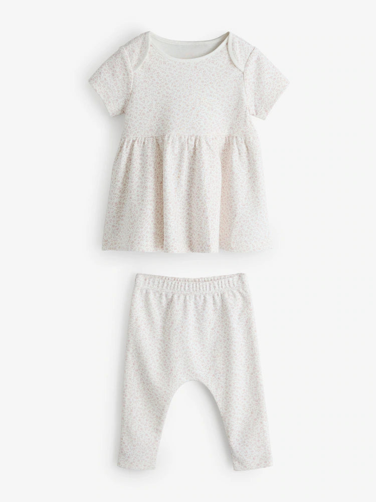 |BabyGirl| Conjunto De Vestido Curto e Leggings Com Estampa Floral Rosa Delicada.