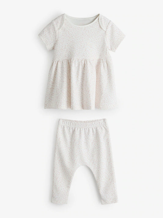 |BabyGirl| Conjunto De Vestido Curto e Leggings Com Estampa Floral Rosa Delicada.