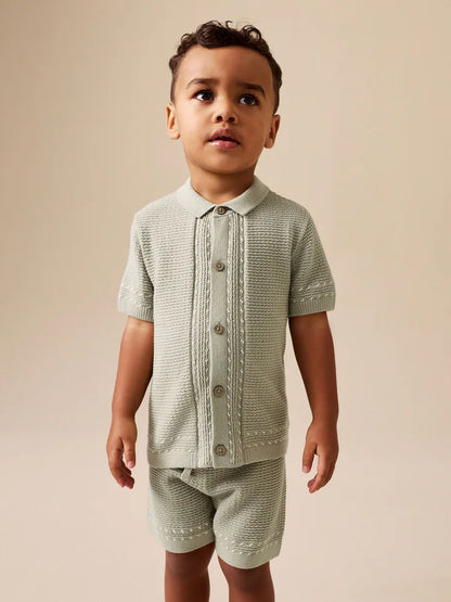|Boy| Conjunto De Camisa Polo e Shorts De Malha Texturizada Verde Sálvia Com Botões (3 meses a 7 anos)