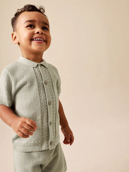 |Boy| Conjunto De Camisa Polo e Shorts De Malha Texturizada Verde Sálvia Com Botões (3 meses a 7 anos)