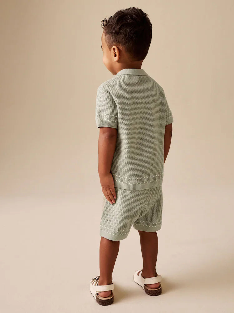 |Boy| Conjunto De Camisa Polo e Shorts De Malha Texturizada Verde Sálvia Com Botões (3 meses a 7 anos)