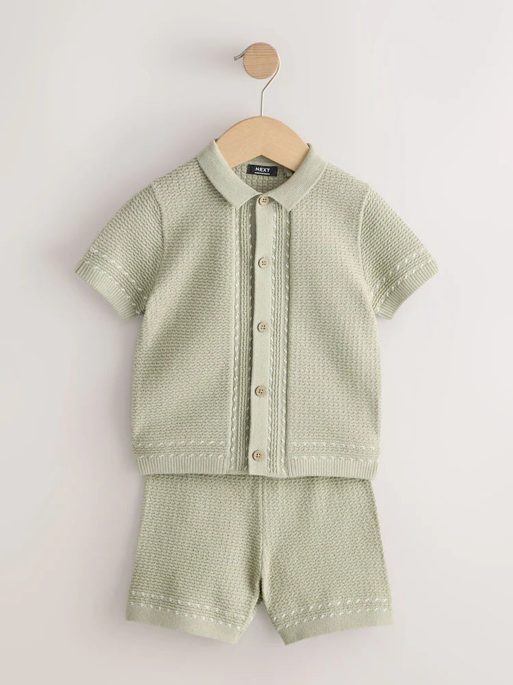 |Boy| Conjunto De Camisa Polo e Shorts De Malha Texturizada Verde Sálvia Com Botões (3 meses a 7 anos)