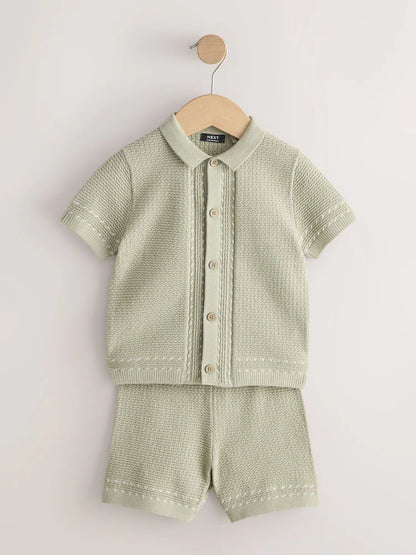 |Boy| Conjunto De Camisa Polo e Shorts De Malha Texturizada Verde Sálvia Com Botões (3 meses a 7 anos)