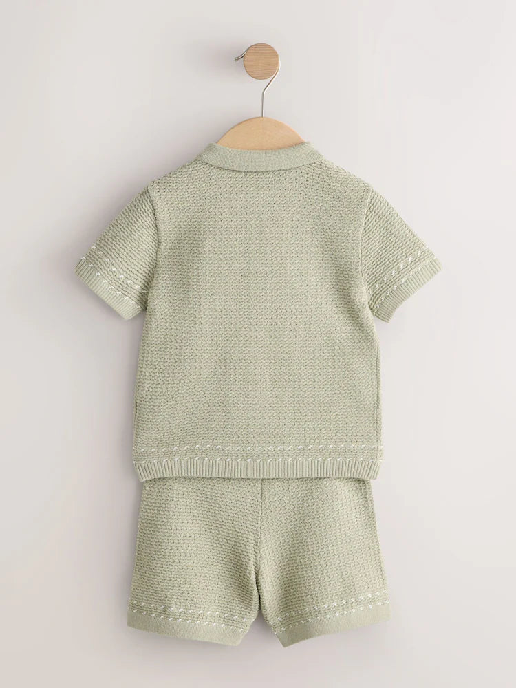 |Boy| Conjunto De Camisa Polo e Shorts De Malha Texturizada Verde Sálvia Com Botões (3 meses a 7 anos)