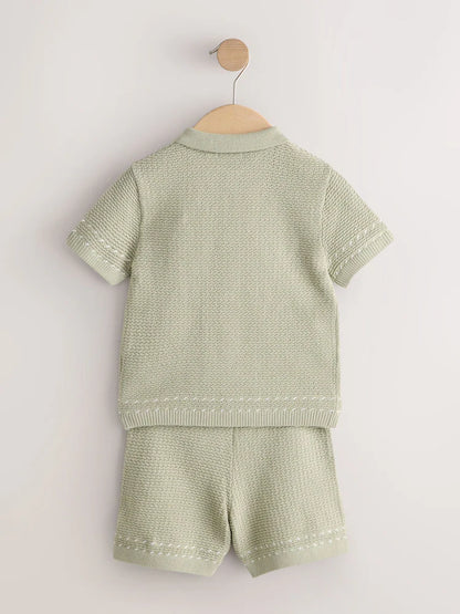 |Boy| Conjunto De Camisa Polo e Shorts De Malha Texturizada Verde Sálvia Com Botões (3 meses a 7 anos)
