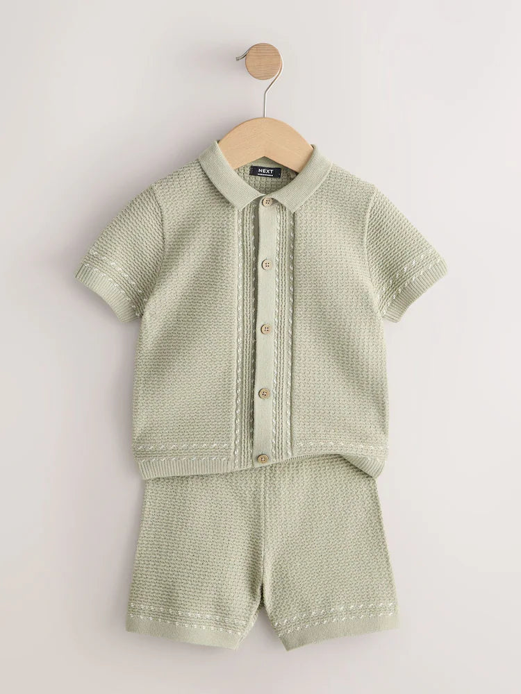 |Boy| Conjunto De Camisa Polo e Shorts De Malha Texturizada Verde Sálvia Com Botões (3 meses a 7 anos)