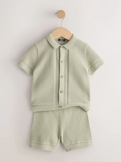 |Boy| Conjunto De Camisa Polo e Shorts De Malha Texturizada Verde Sálvia Com Botões (3 meses a 7 anos)