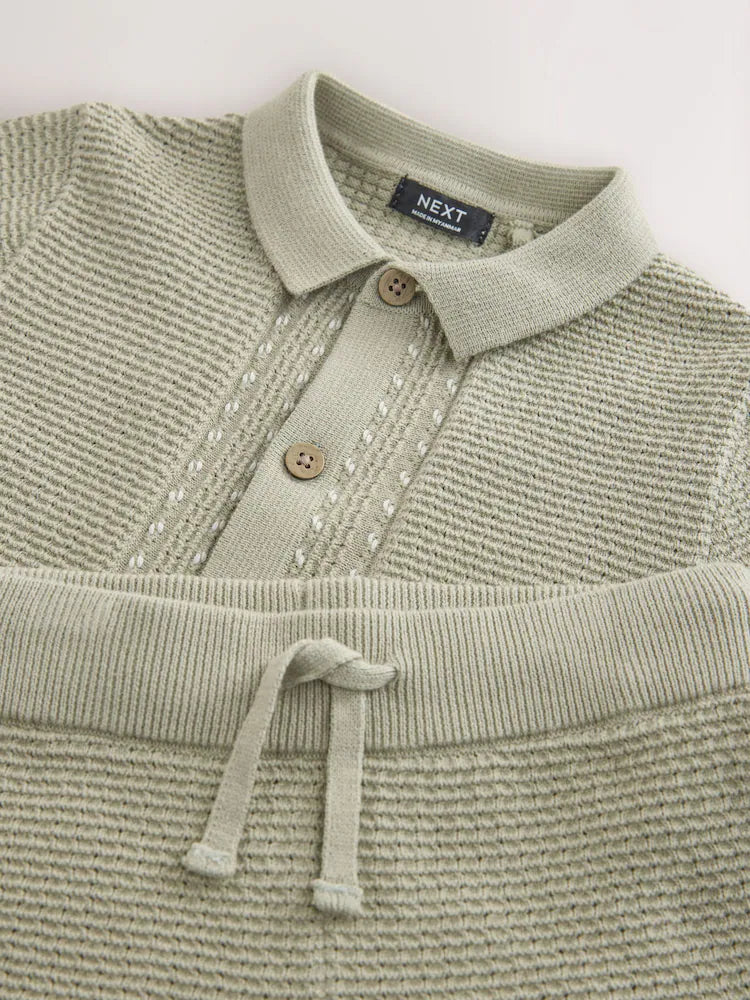 |Boy| Conjunto De Camisa Polo e Shorts De Malha Texturizada Verde Sálvia Com Botões (3 meses a 7 anos)