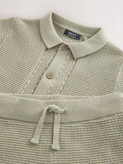 |Boy| Conjunto De Camisa Polo e Shorts De Malha Texturizada Verde Sálvia Com Botões (3 meses a 7 anos)