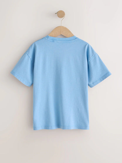 |Boy| Camiseta De Manga Curta Com Estampa "Brisa Do Oceano" Em Azul Lavado (3 meses a 7 anos)