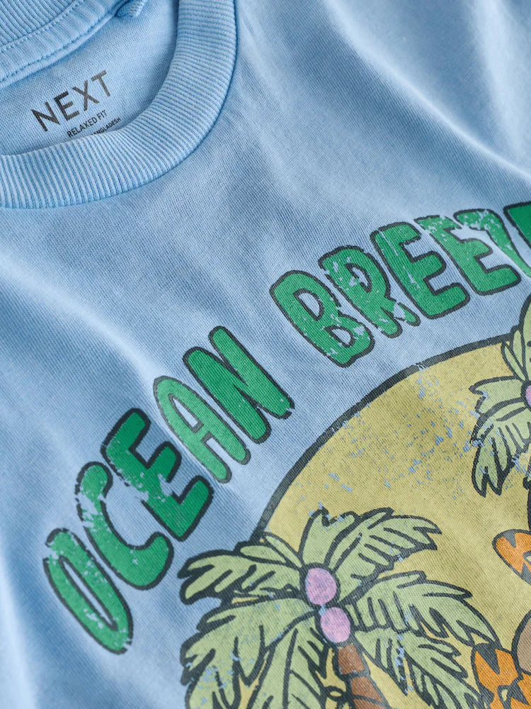 |Boy| Camiseta De Manga Curta Com Estampa "Brisa Do Oceano" Em Azul Lavado (3 meses a 7 anos)