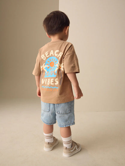 |Boy| Camiseta Marrom Com Estampa Nas Costas e Manga Curta "Vibes de Praia" (3 meses a 7 anos)