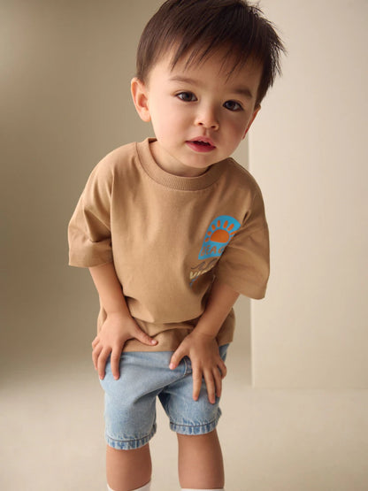 |Boy| Camiseta Marrom Com Estampa Nas Costas e Manga Curta "Vibes de Praia" (3 meses a 7 anos)