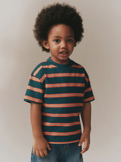 |Boy| Camiseta Listrada De Manga Curta Verde/Laranja (3 meses a 7 anos)
