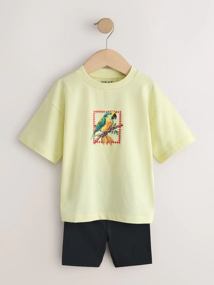 |Boy| Conjunto De Camiseta De Manga Curta e Shorts De Ciclismo Amarelo Claro, Estilo Tropical De Verão (3 meses a 7 anos)