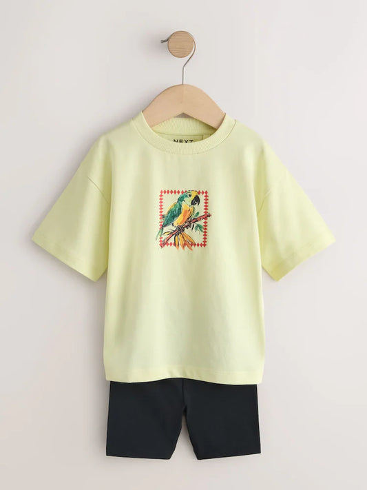 |Boy| Conjunto De Camiseta De Manga Curta e Shorts De Ciclismo Amarelo Claro, Estilo Tropical De Verão (3 meses a 7 anos)