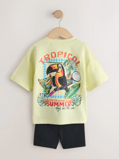 |Boy| Conjunto De Camiseta De Manga Curta e Shorts De Ciclismo Amarelo Claro, Estilo Tropical De Verão (3 meses a 7 anos)