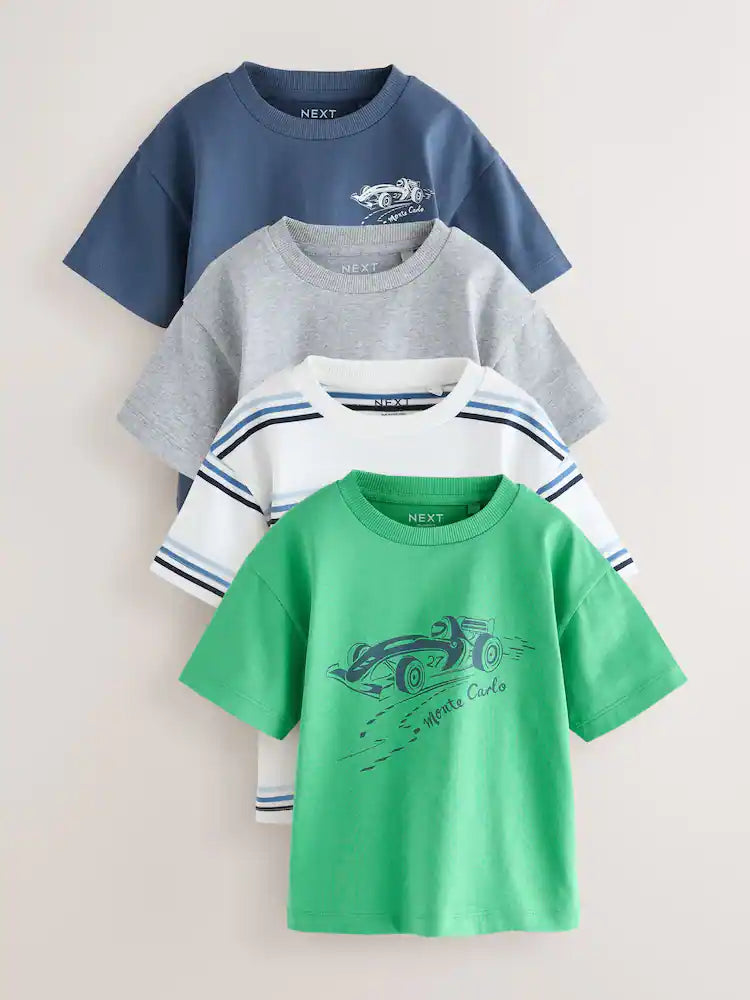 |Boy| Pacote Com 4 Camisetas De Manga Curta Com Estampa De Carro Nas Cores Azul e Verde (3 meses a 7 anos)
