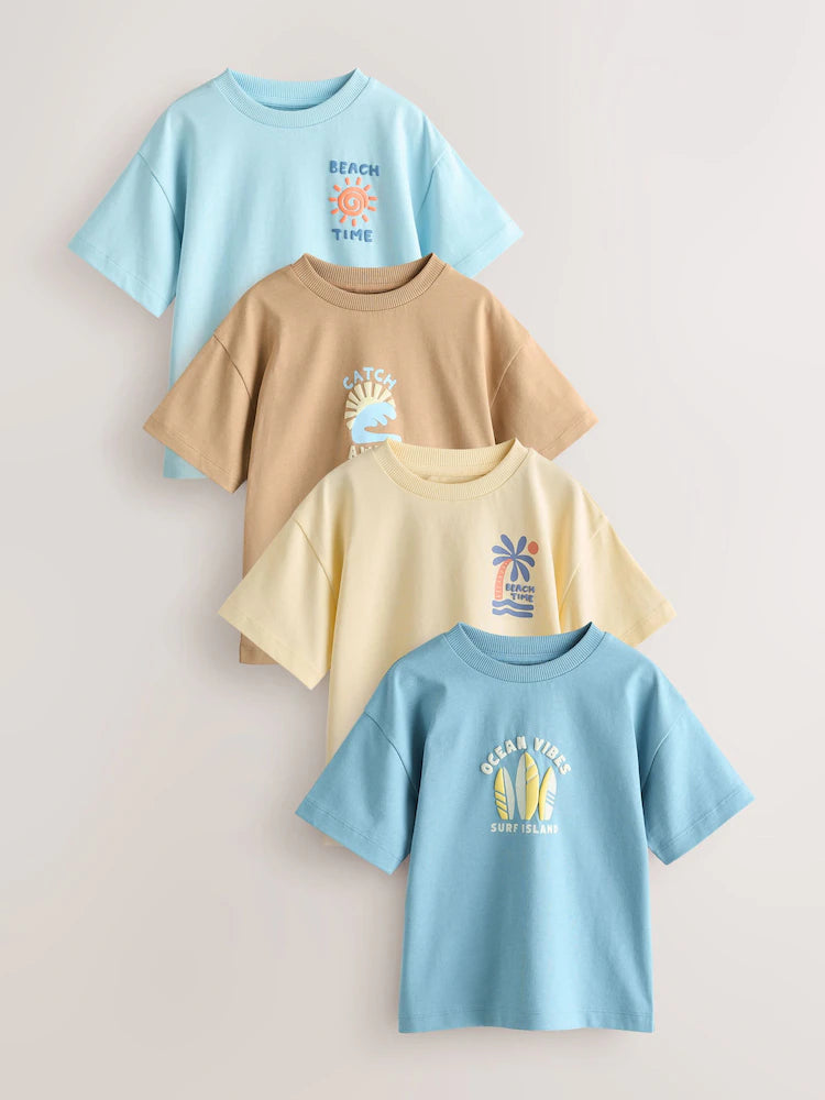 |Boy| Pacote Com 4 Camisetas De Manga Curta Com Estampa De Surf Nas Cores Azul e Amarelo (3 meses a 7 anos)