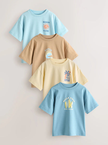 |Boy| Pacote Com 4 Camisetas De Manga Curta Com Estampa De Surf Nas Cores Azul e Amarelo (3 meses a 7 anos)