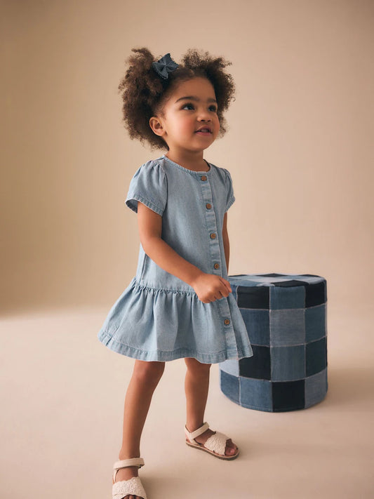 |Girl| Vestido Curto De Algodão Azul Jeans Com Mangas Curtas (3 meses a 8 anos)