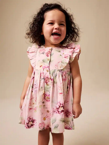|Girl| Vestido Rosa Floral Com Mangas Duplas Franzidas (3 meses a 8 anos)