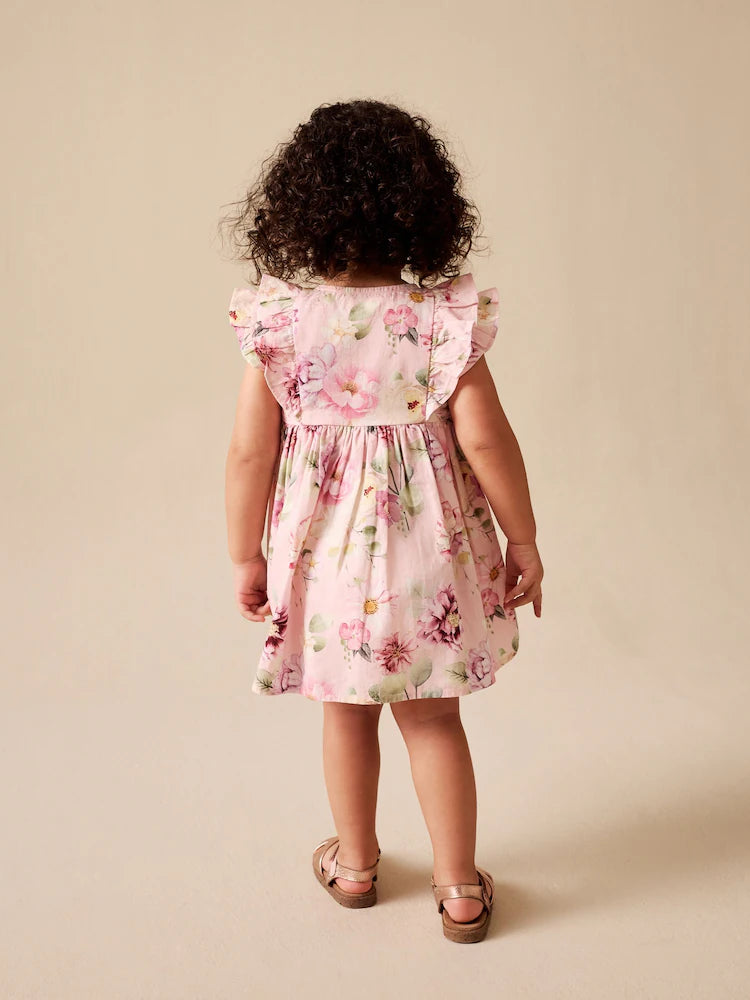 |Girl| Vestido Rosa Floral Com Mangas Duplas Franzidas (3 meses a 8 anos)