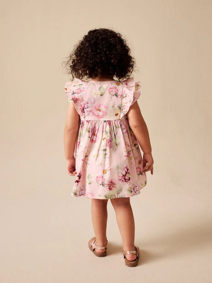 |Girl| Vestido Rosa Floral Com Mangas Duplas Franzidas (3 meses a 8 anos)