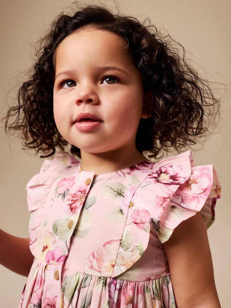 |Girl| Vestido Rosa Floral Com Mangas Duplas Franzidas (3 meses a 8 anos)