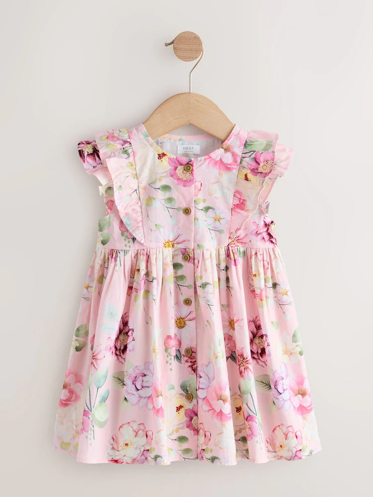 |Girl| Vestido Rosa Floral Com Mangas Duplas Franzidas (3 meses a 8 anos)
