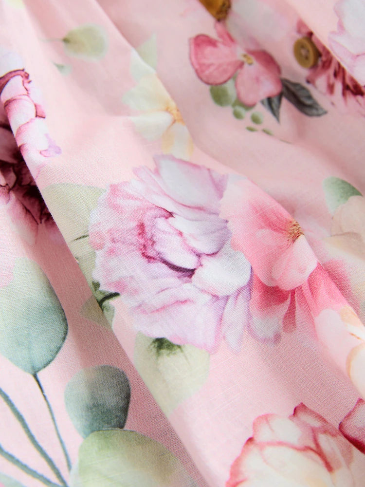 |Girl| Vestido Rosa Floral Com Mangas Duplas Franzidas (3 meses a 8 anos)