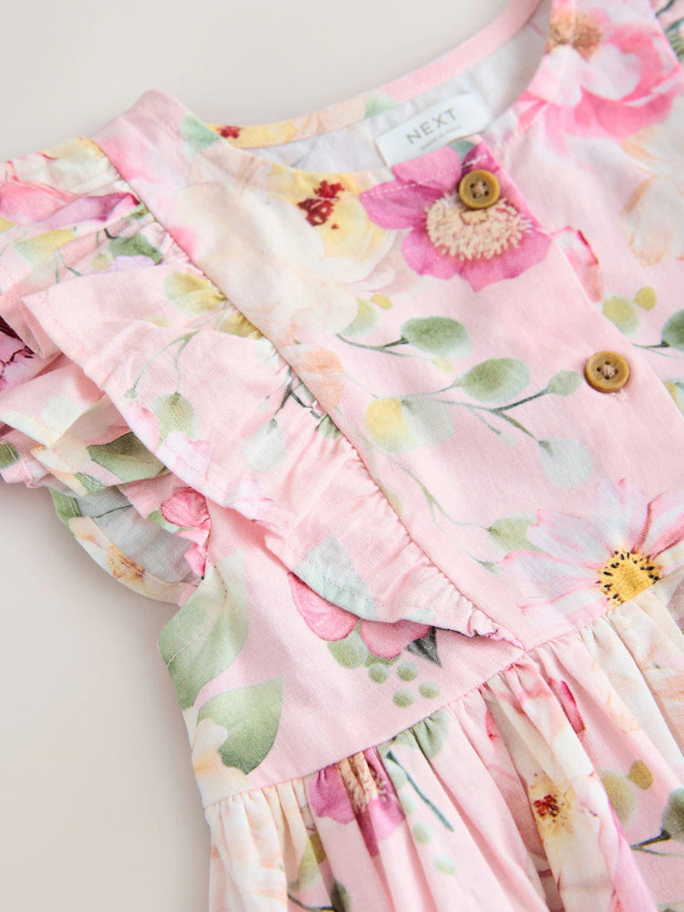|Girl| Vestido Rosa Floral Com Mangas Duplas Franzidas (3 meses a 8 anos)