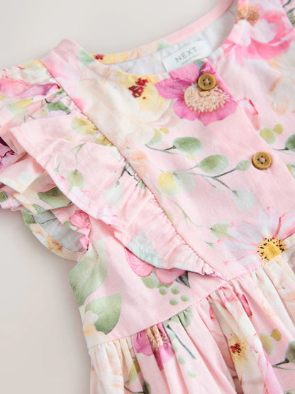 |Girl| Vestido Rosa Floral Com Mangas Duplas Franzidas (3 meses a 8 anos)