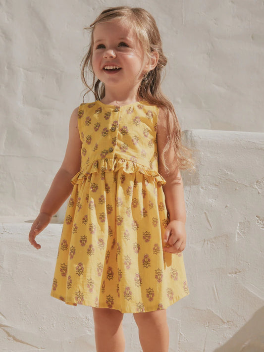 |Girl| Vestido Peplum Sem Mangas Com Estampa Xilogravura Amarela (3 meses a 8 anos)